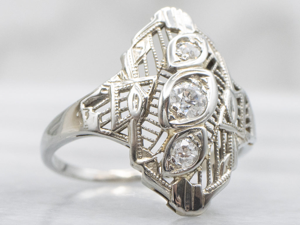 Old Mine Cut Diamond White Gold Art Deco Dinner Ring