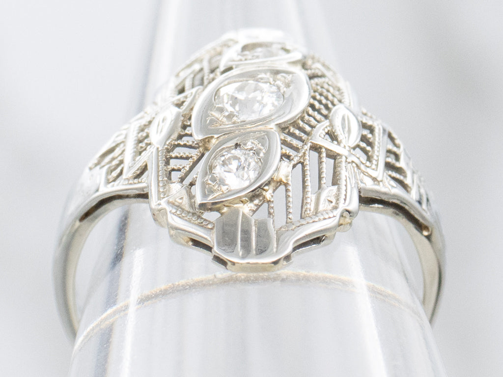 Old Mine Cut Diamond White Gold Art Deco Dinner Ring