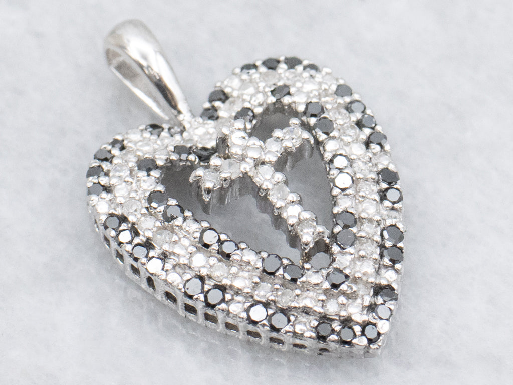 Black and White Diamond Gold Cross and Heart Pendant