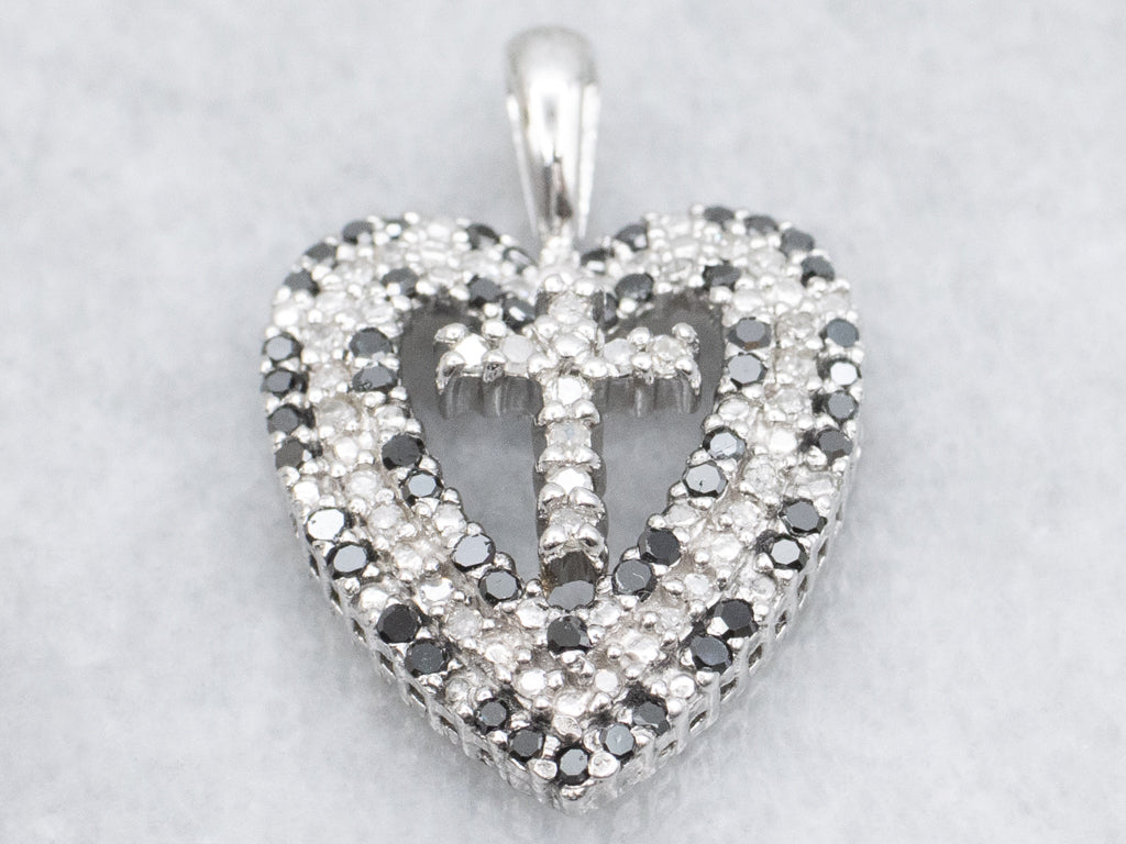 Black and White Diamond Gold Cross and Heart Pendant