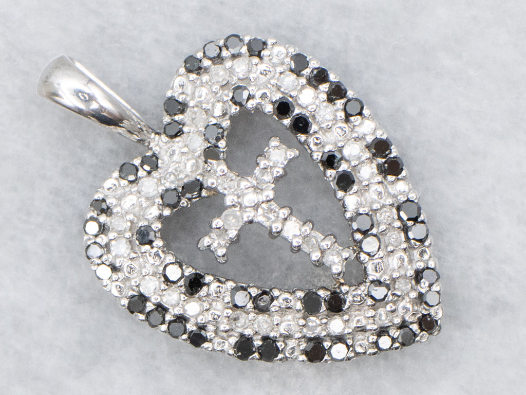 Black and White Diamond Gold Cross and Heart Pendant