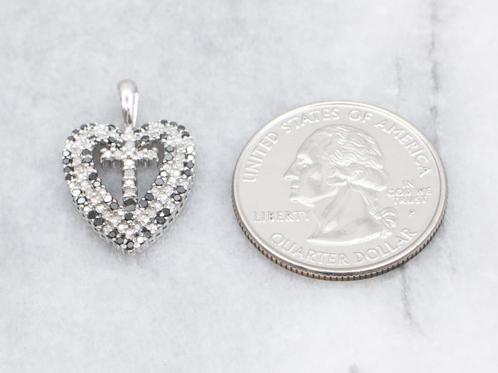 Black and White Diamond Gold Cross and Heart Pendant