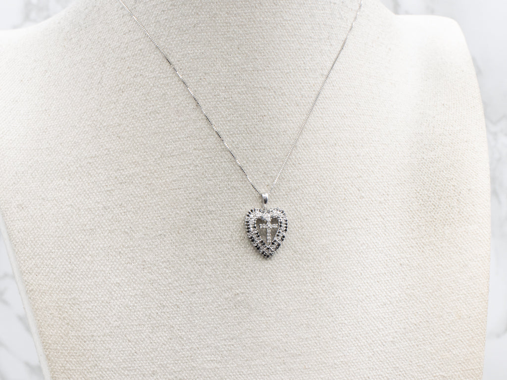 Black and White Diamond Gold Cross and Heart Pendant