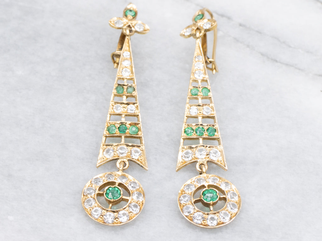Edwardian White Sapphire and Emerald Doublet 18-Karat Gold Drop Earrings