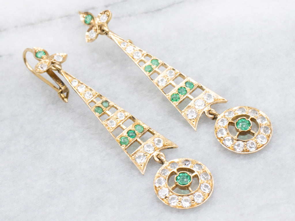 Edwardian White Sapphire and Emerald Doublet 18-Karat Gold Drop Earrings