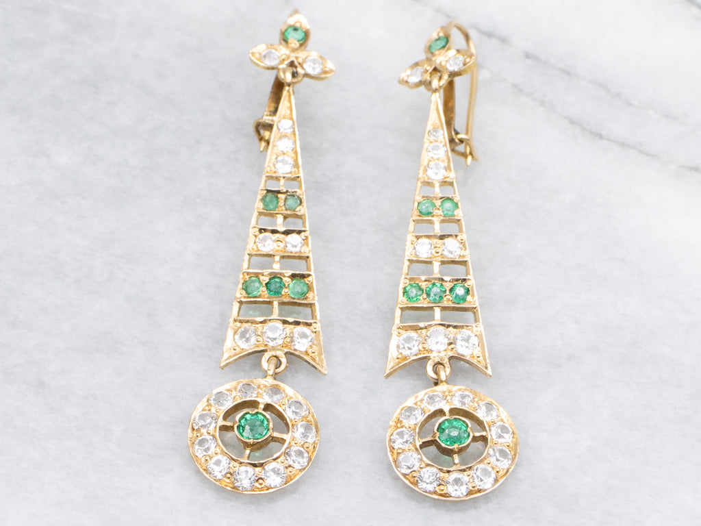 Edwardian White Sapphire and Emerald Doublet 18-Karat Gold Drop Earrings