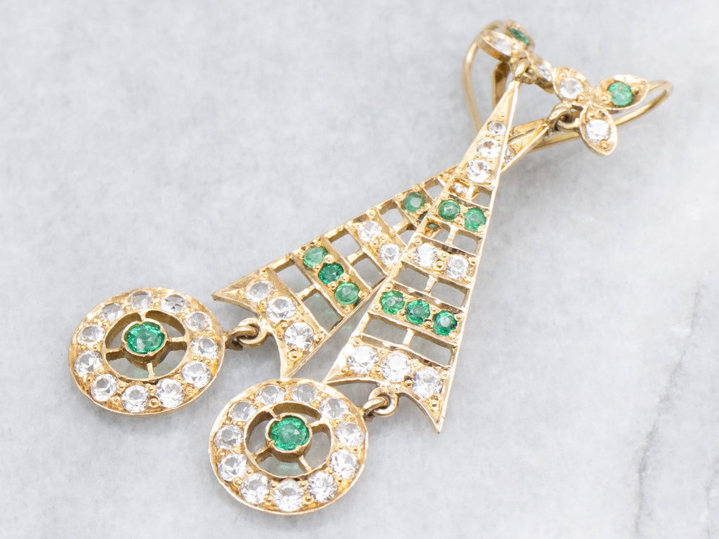 Edwardian White Sapphire and Emerald Doublet 18-Karat Gold Drop Earrings
