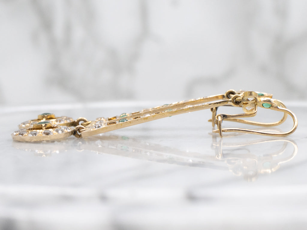 Edwardian White Sapphire and Emerald Doublet 18-Karat Gold Drop Earrings
