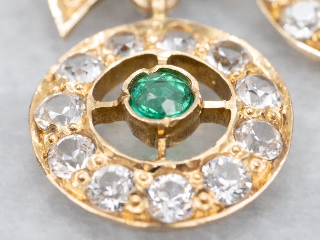 Edwardian White Sapphire and Emerald Doublet 18-Karat Gold Drop Earrings