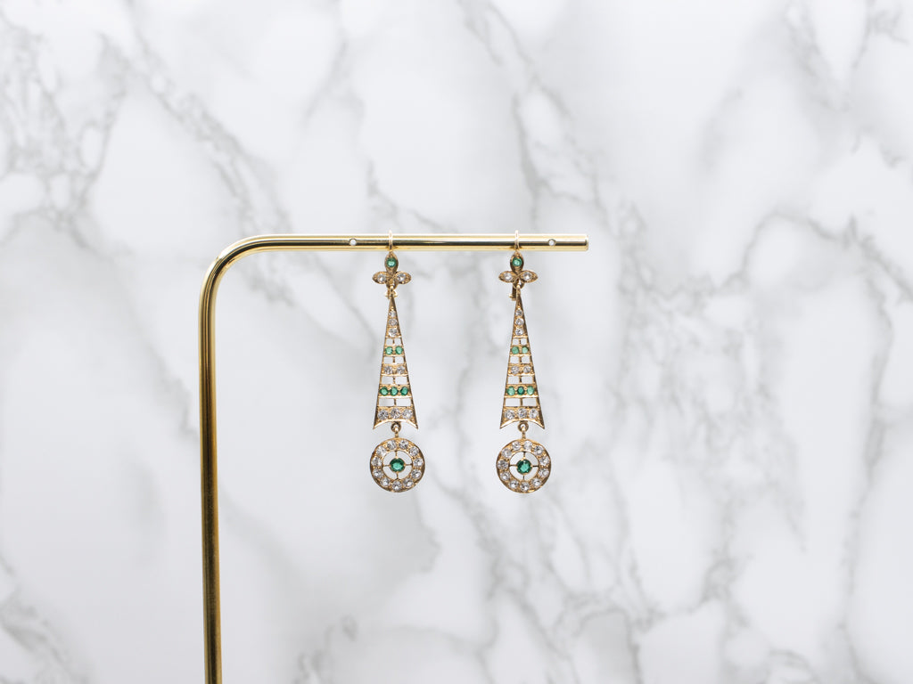 Edwardian White Sapphire and Emerald Doublet 18-Karat Gold Drop Earrings
