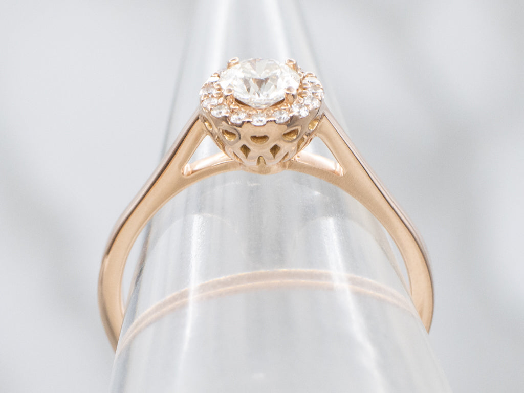 Modern Brilliant Diamond Halo Rose Gold Engagement Ring