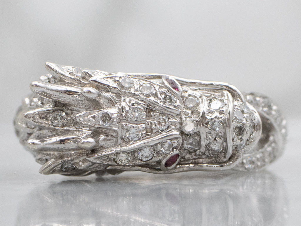 Diamond Dragon with Ruby Eyes White Gold Ring