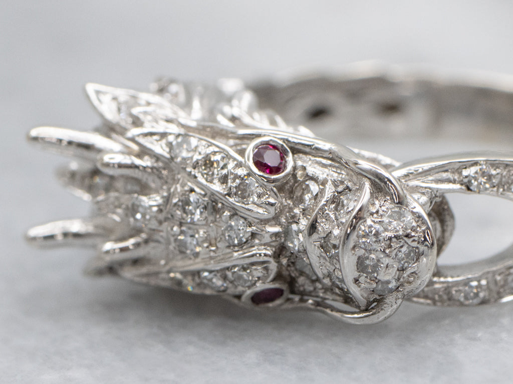 Diamond Dragon with Ruby Eyes White Gold Ring