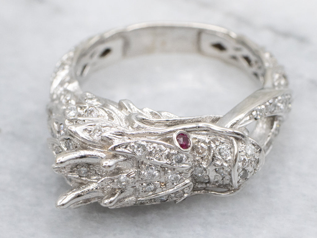 Diamond Dragon with Ruby Eyes White Gold Ring