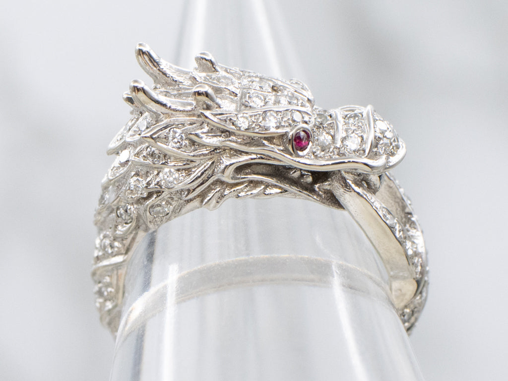 Diamond Dragon with Ruby Eyes White Gold Ring