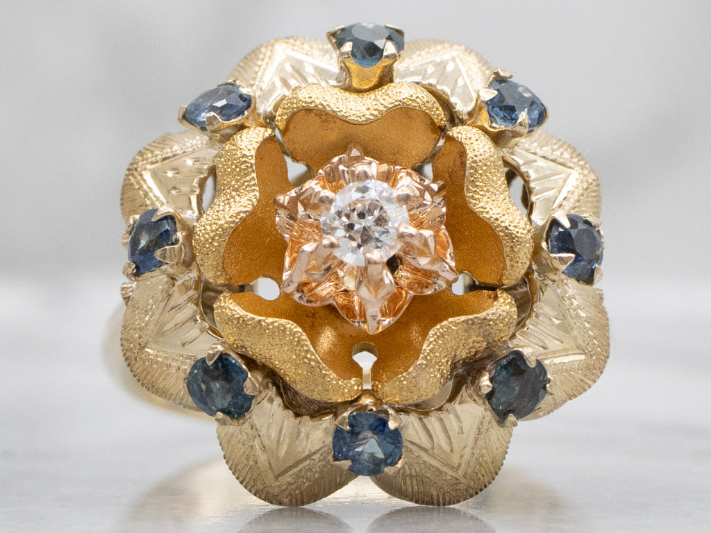 Diamond and Sapphire Mixed-Era Textured Flower Cocktail Ring