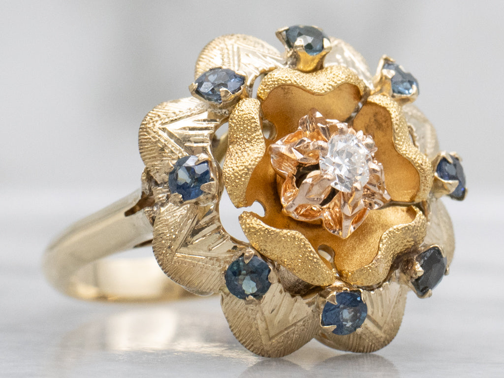 Diamond and Sapphire Mixed-Era Textured Flower Cocktail Ring