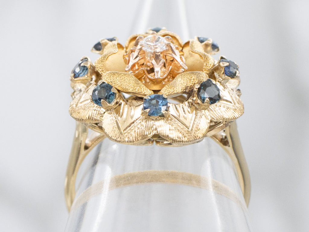 Diamond and Sapphire Mixed-Era Textured Flower Cocktail Ring