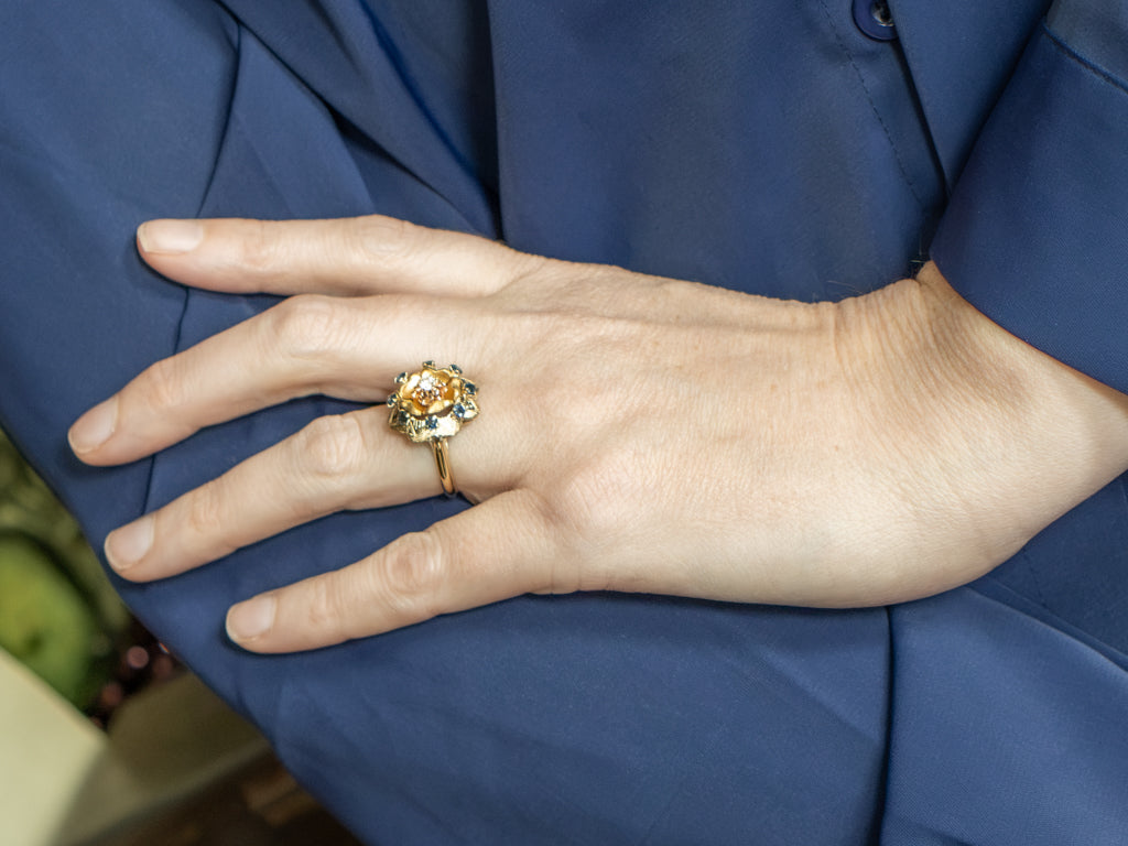 Diamond and Sapphire Mixed-Era Textured Flower Cocktail Ring
