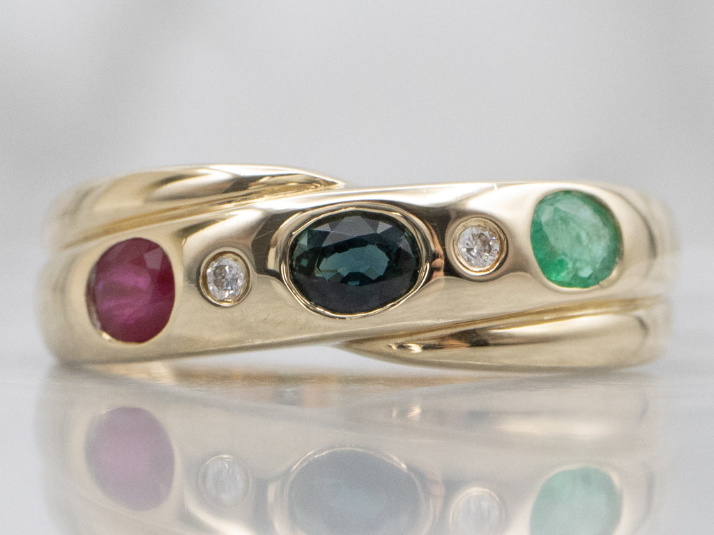 Flush-Set Ruby Sapphire and Emerald Band with Diamond Accents