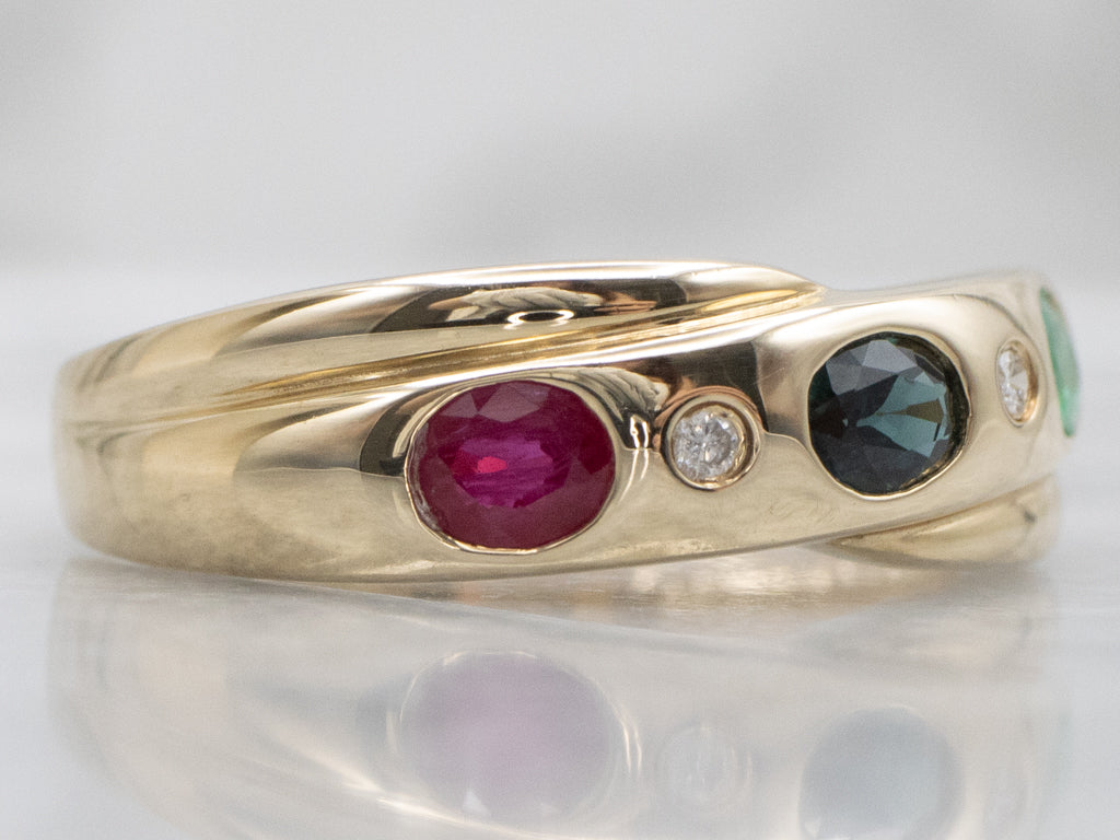 Flush-Set Ruby Sapphire and Emerald Band with Diamond Accents