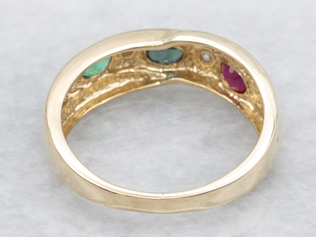 Flush-Set Ruby Sapphire and Emerald Band with Diamond Accents