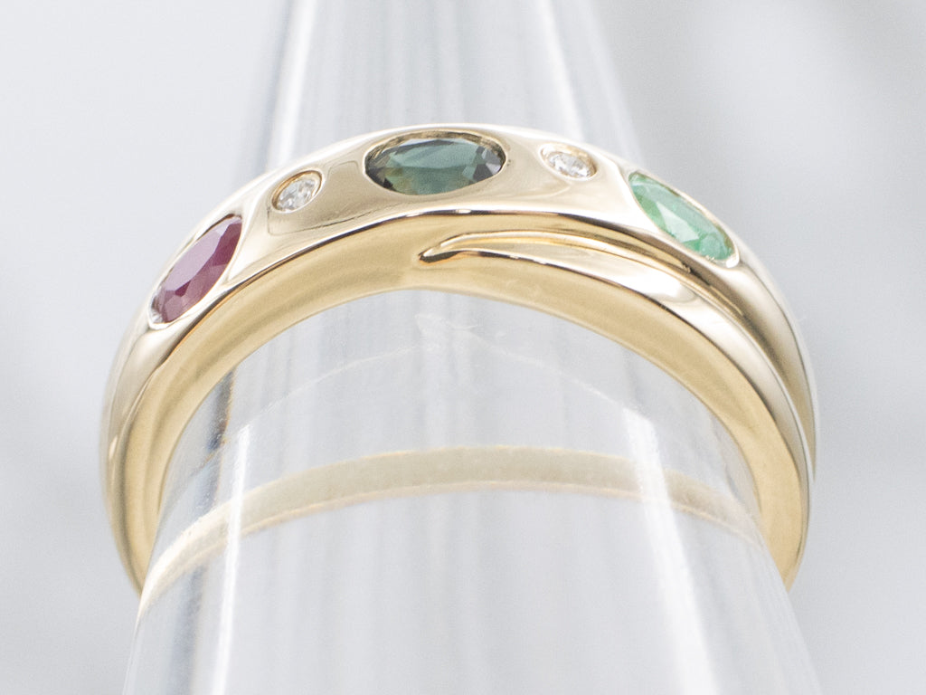 Flush-Set Ruby Sapphire and Emerald Band with Diamond Accents