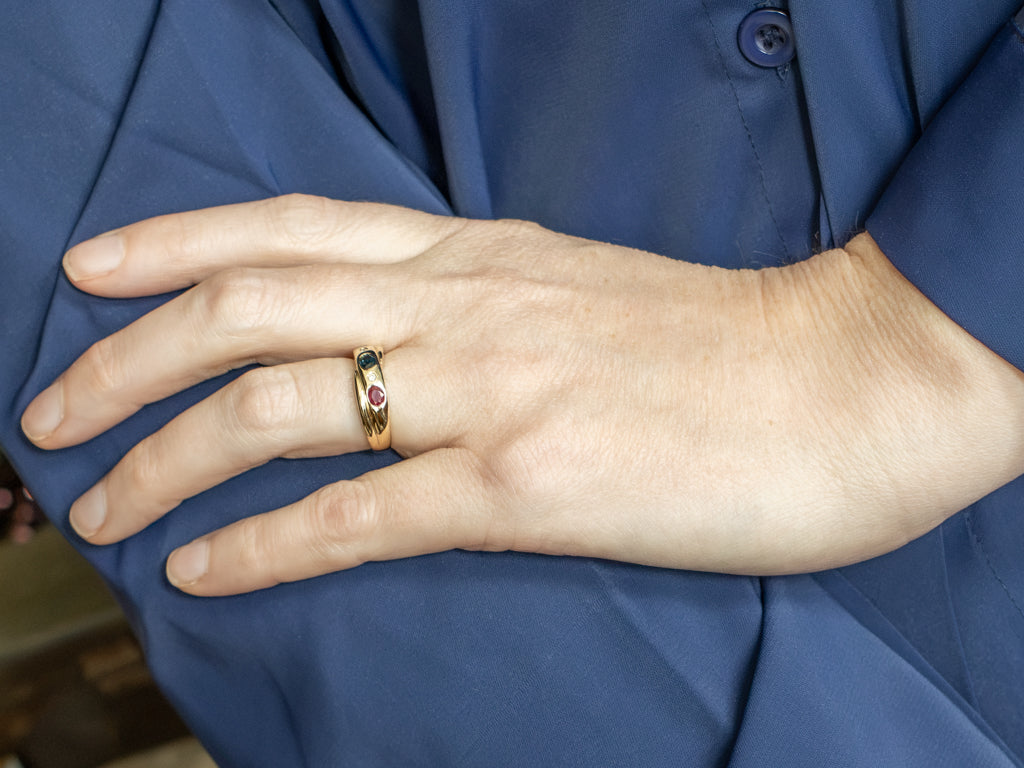 Flush-Set Ruby Sapphire and Emerald Band with Diamond Accents