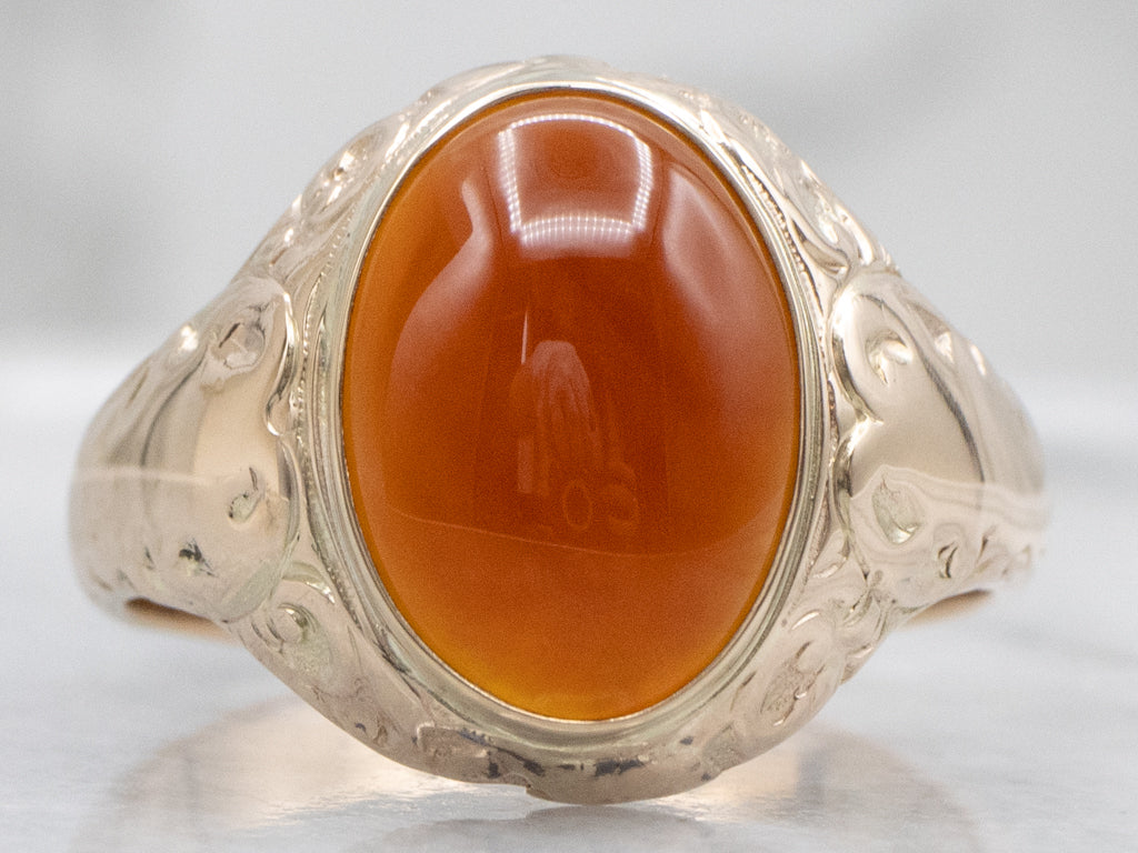 Victorian Carnelian Cabochon Ring with Engraved Details