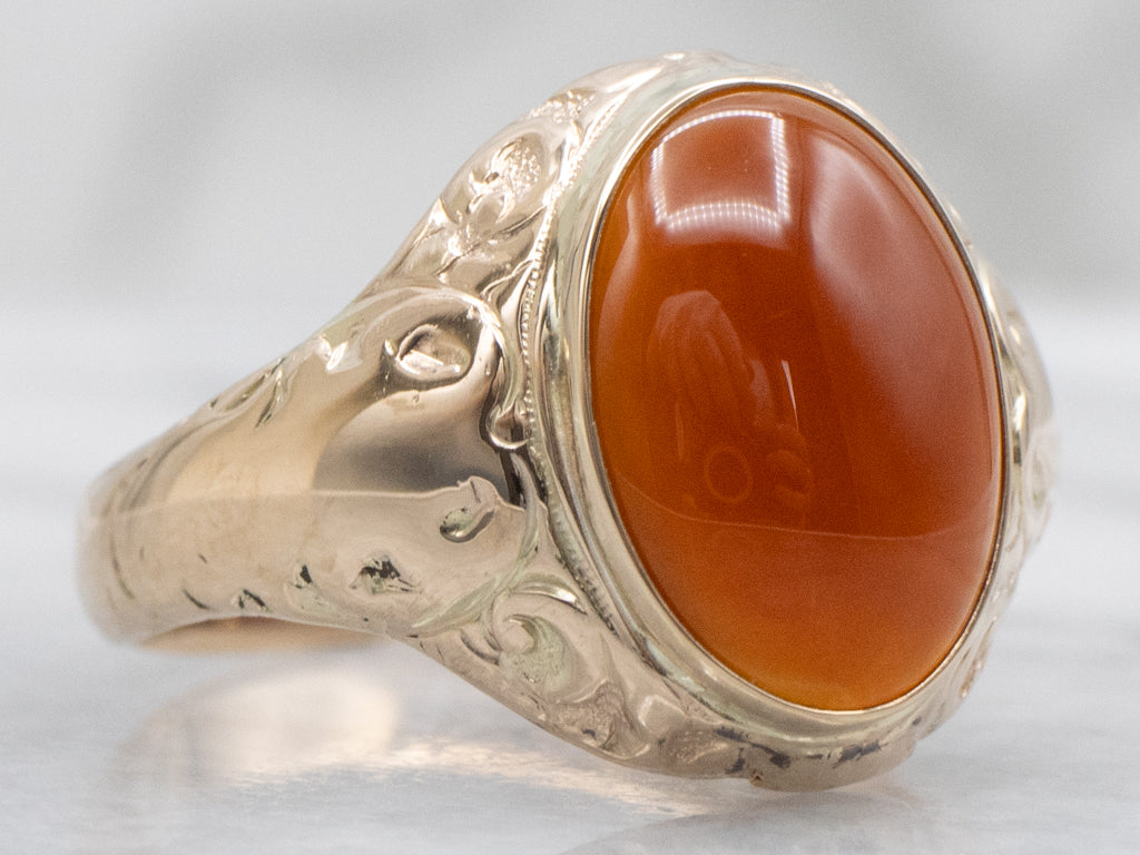 Victorian Carnelian Cabochon Ring with Engraved Details