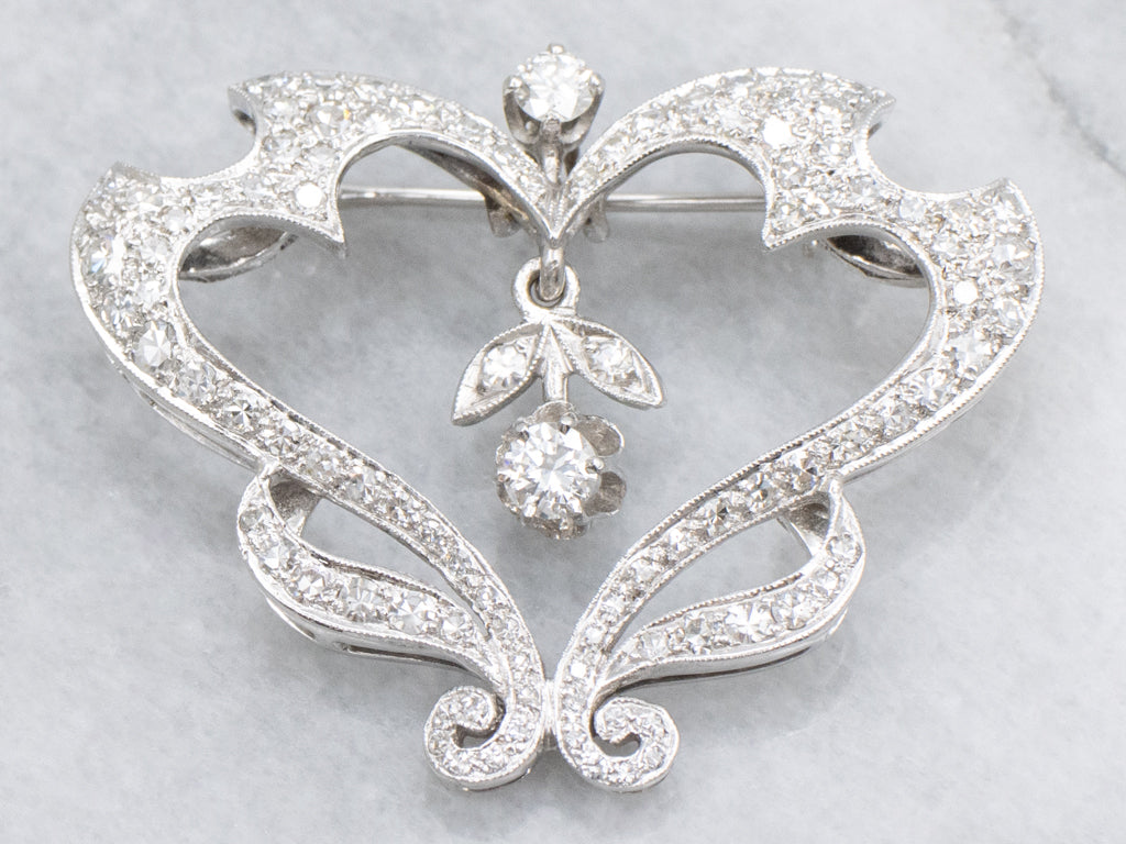 Vintage Diamond Encrusted Heart Brooch with Swinging Buttercup Flower Center