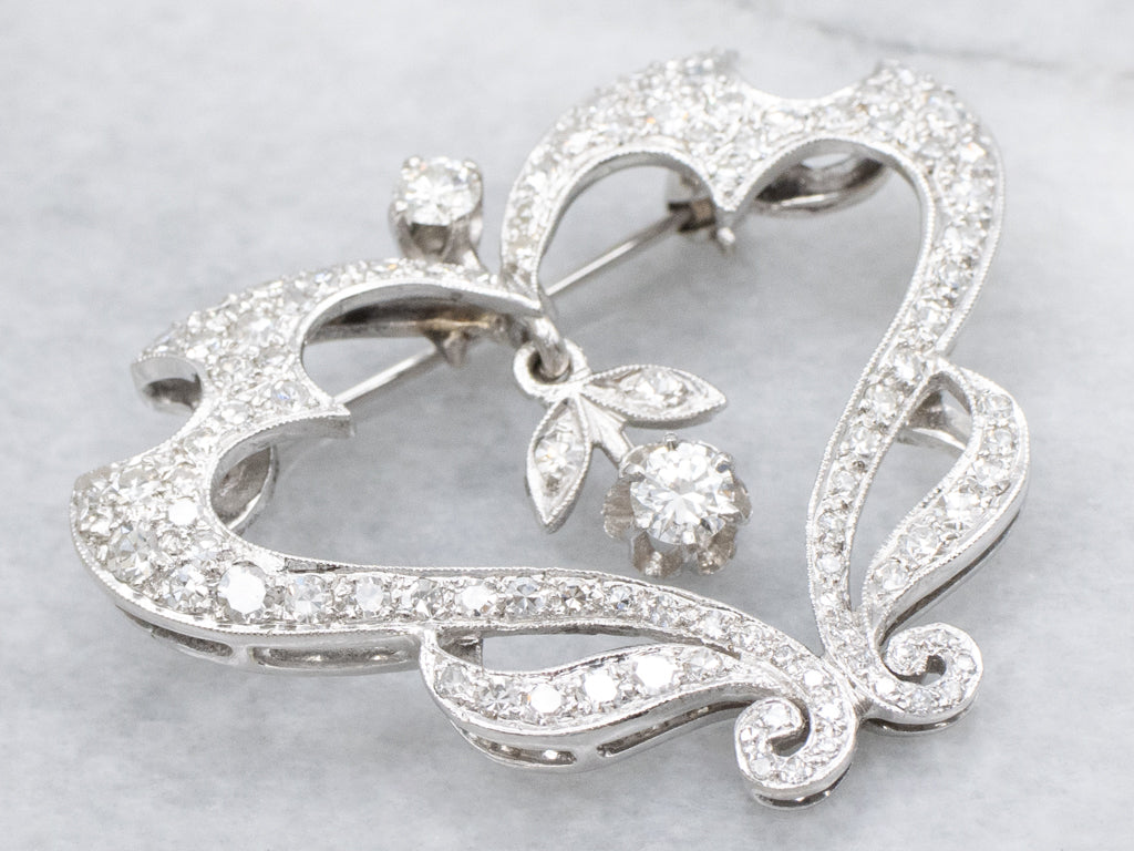 Vintage Diamond Encrusted Heart Brooch with Swinging Buttercup Flower Center