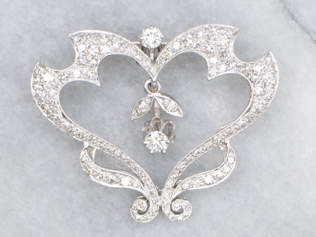 Vintage Diamond Encrusted Heart Brooch with Swinging Buttercup Flower Center