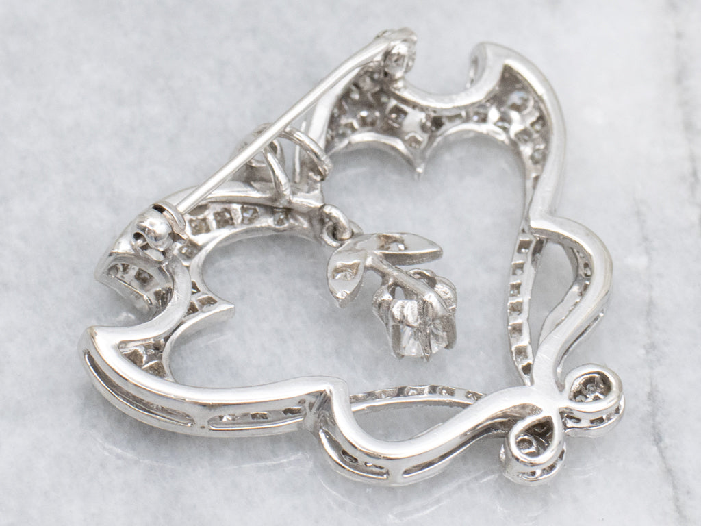 Vintage Diamond Encrusted Heart Brooch with Swinging Buttercup Flower Center
