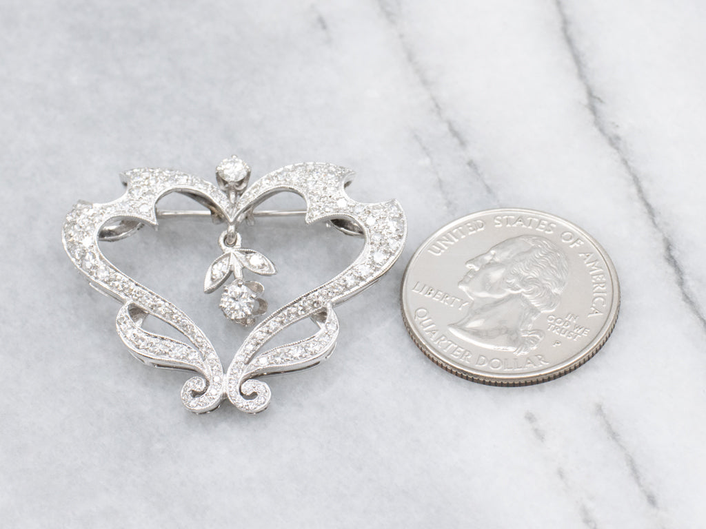 Vintage Diamond Encrusted Heart Brooch with Swinging Buttercup Flower Center