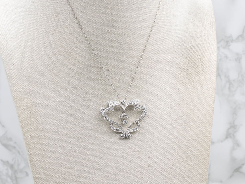 Vintage Diamond Encrusted Heart Brooch with Swinging Buttercup Flower Center