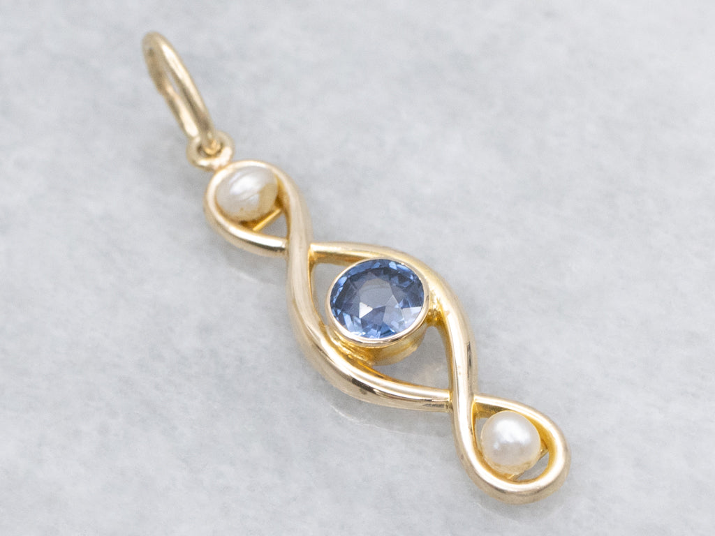 Twisting Gold Sapphire and Pearl Pendant