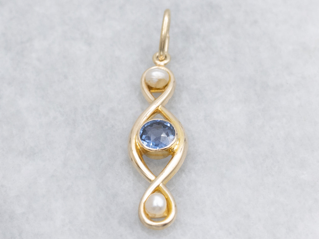 Twisting Gold Sapphire and Pearl Pendant