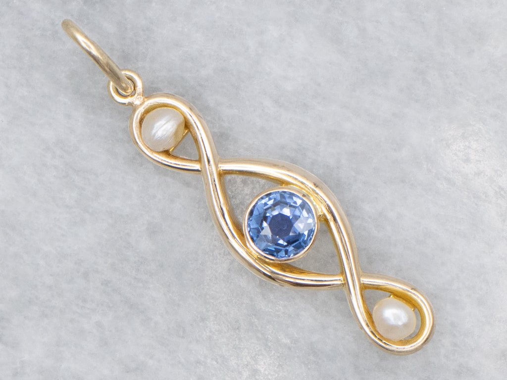 Twisting Gold Sapphire and Pearl Pendant
