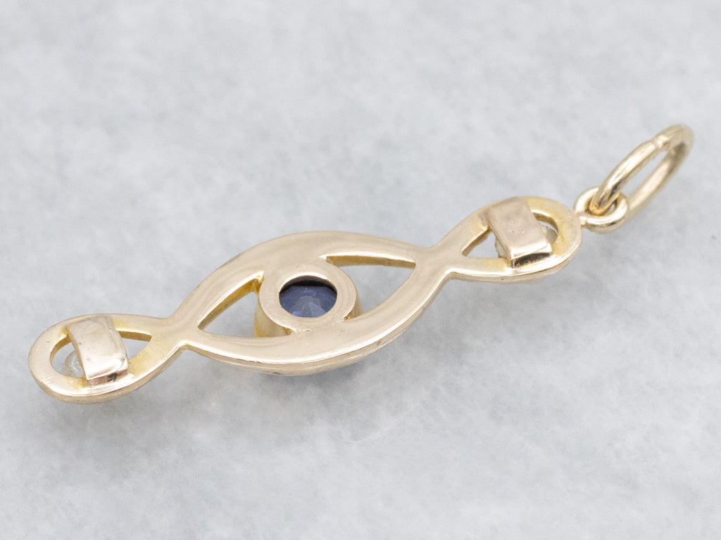 Twisting Gold Sapphire and Pearl Pendant