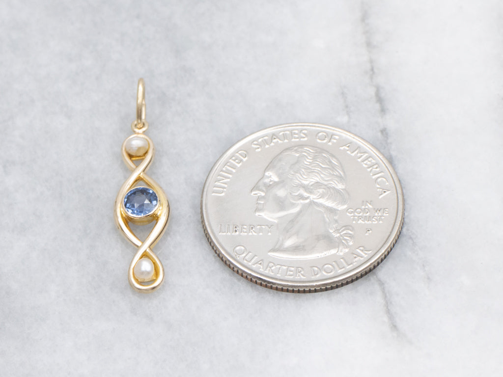 Twisting Gold Sapphire and Pearl Pendant