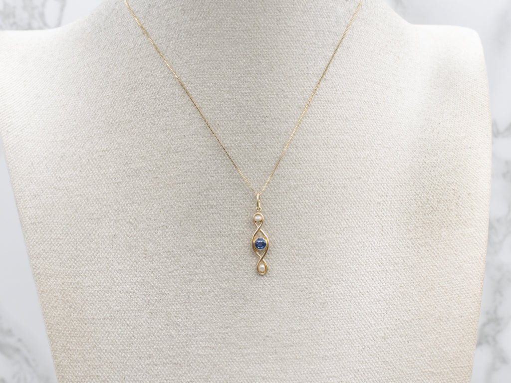 Twisting Gold Sapphire and Pearl Pendant