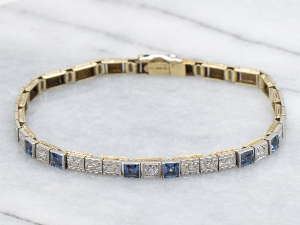 Sapphire and Diamond 1920s Platinum and Gold Link Bracelet