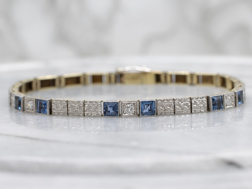 Sapphire and Diamond 1920s Platinum and Gold Link Bracelet