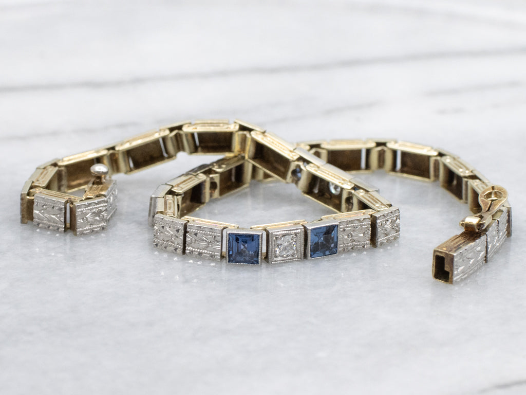 Sapphire and Diamond 1920s Platinum and Gold Link Bracelet