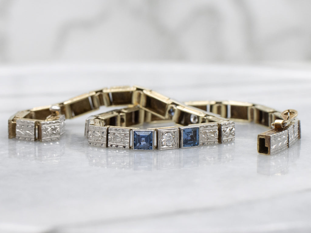 Sapphire and Diamond 1920s Platinum and Gold Link Bracelet