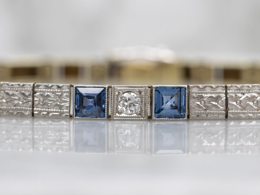 Sapphire and Diamond 1920s Platinum and Gold Link Bracelet