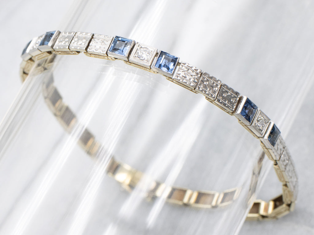 Sapphire and Diamond 1920s Platinum and Gold Link Bracelet