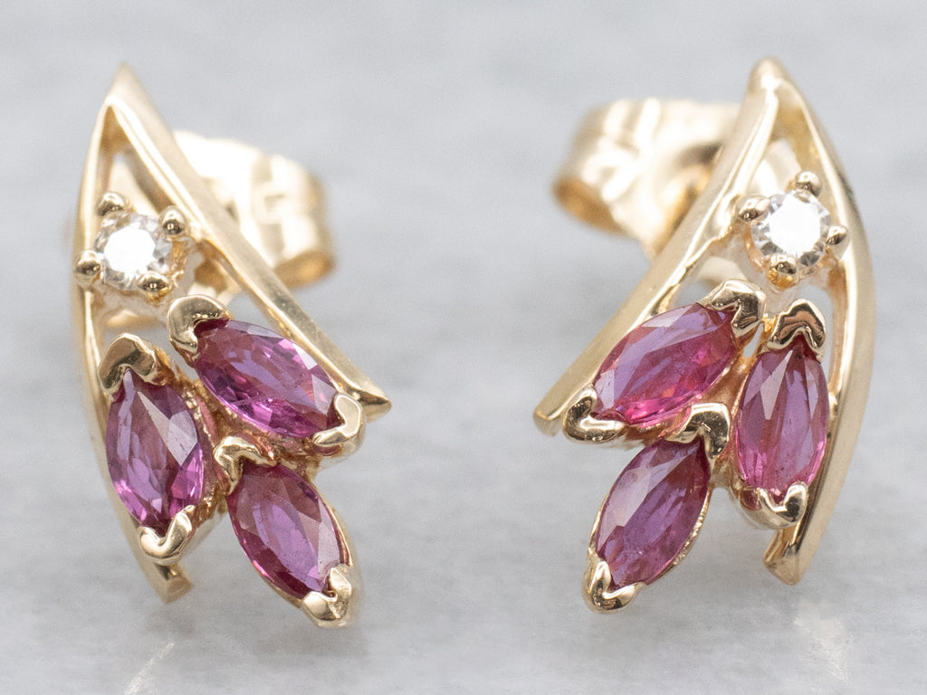 Marquise-Cut Ruby and Diamond Gold Stud Earrings