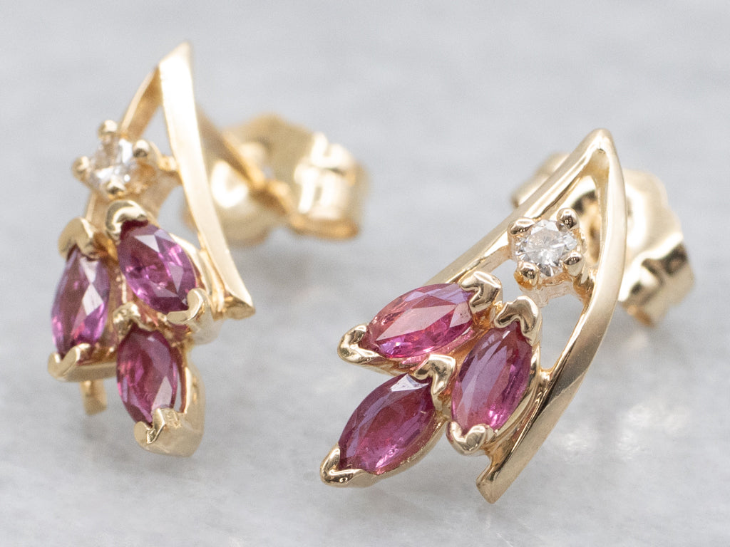 Marquise-Cut Ruby and Diamond Gold Stud Earrings